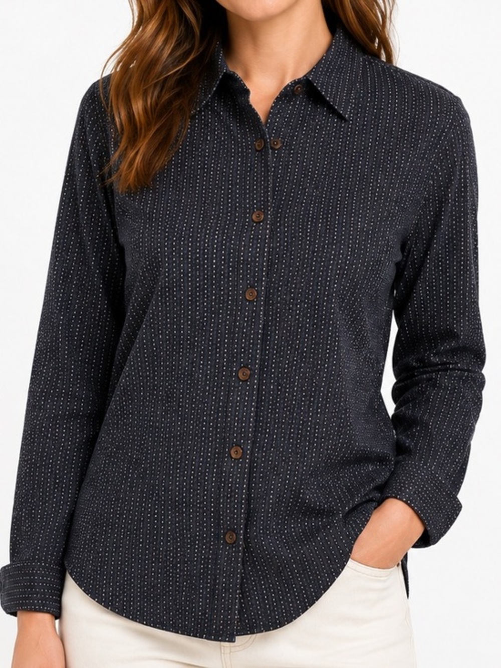 Vintage Façonnable Women’s Large Navy Brown Micro Dot Button Front Shirt France